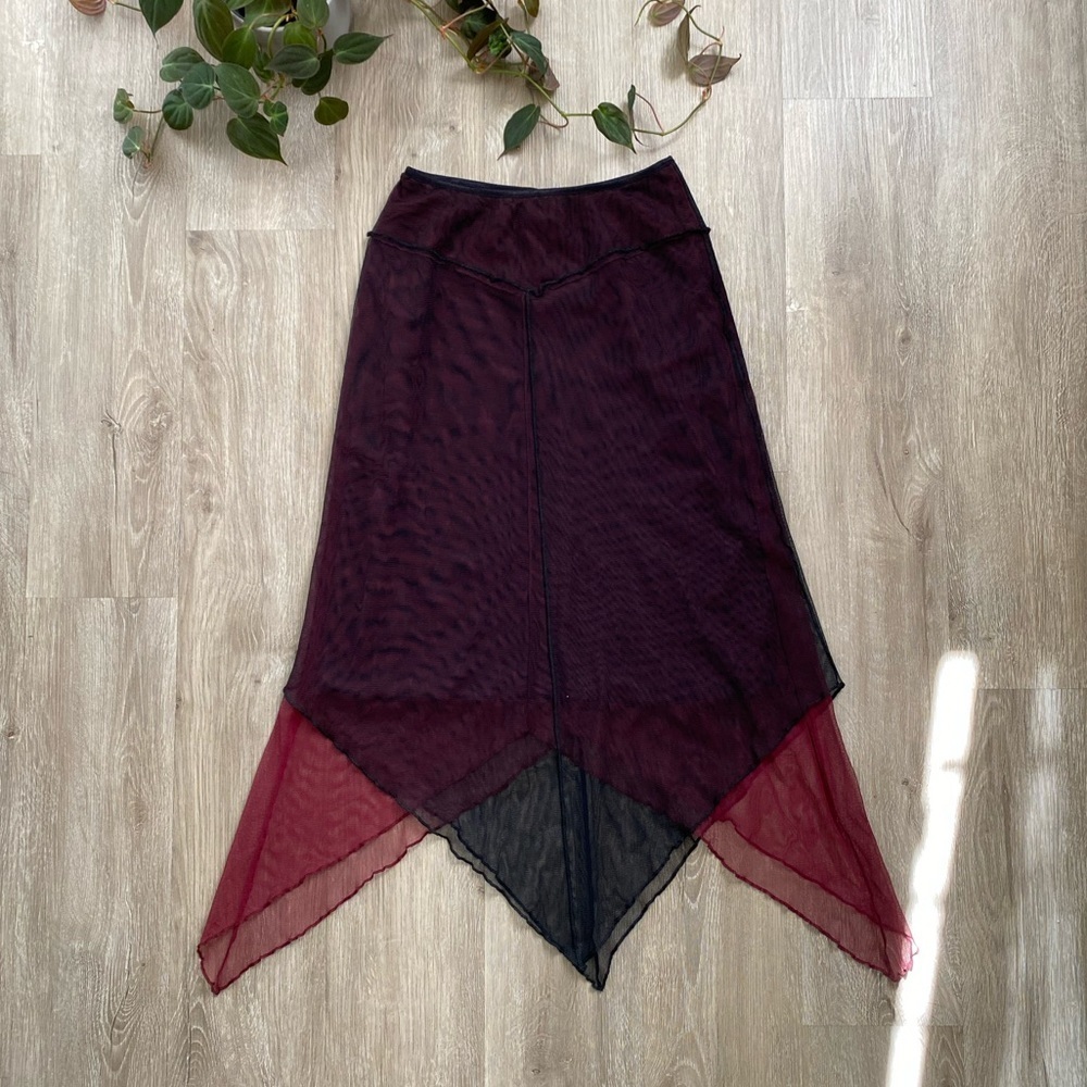 Vintage y2k Black and Dark Pink Mesh Asymmetrical Midi Skirt goth Fairycore